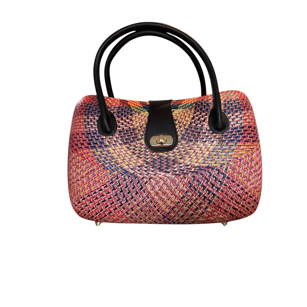 Le‎ Sac Woven Straw Top Handle Handbag Colorful Woven Design Black Accents Gold